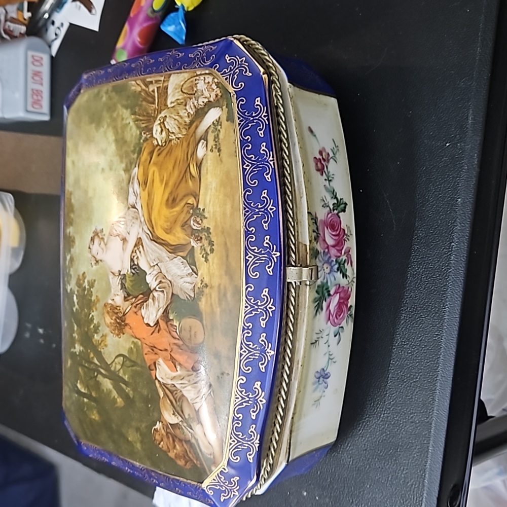 Vintage R S Prussia Domed  Porcelain Dresser Box Hand Painted Scene 10.5" x 5.5
